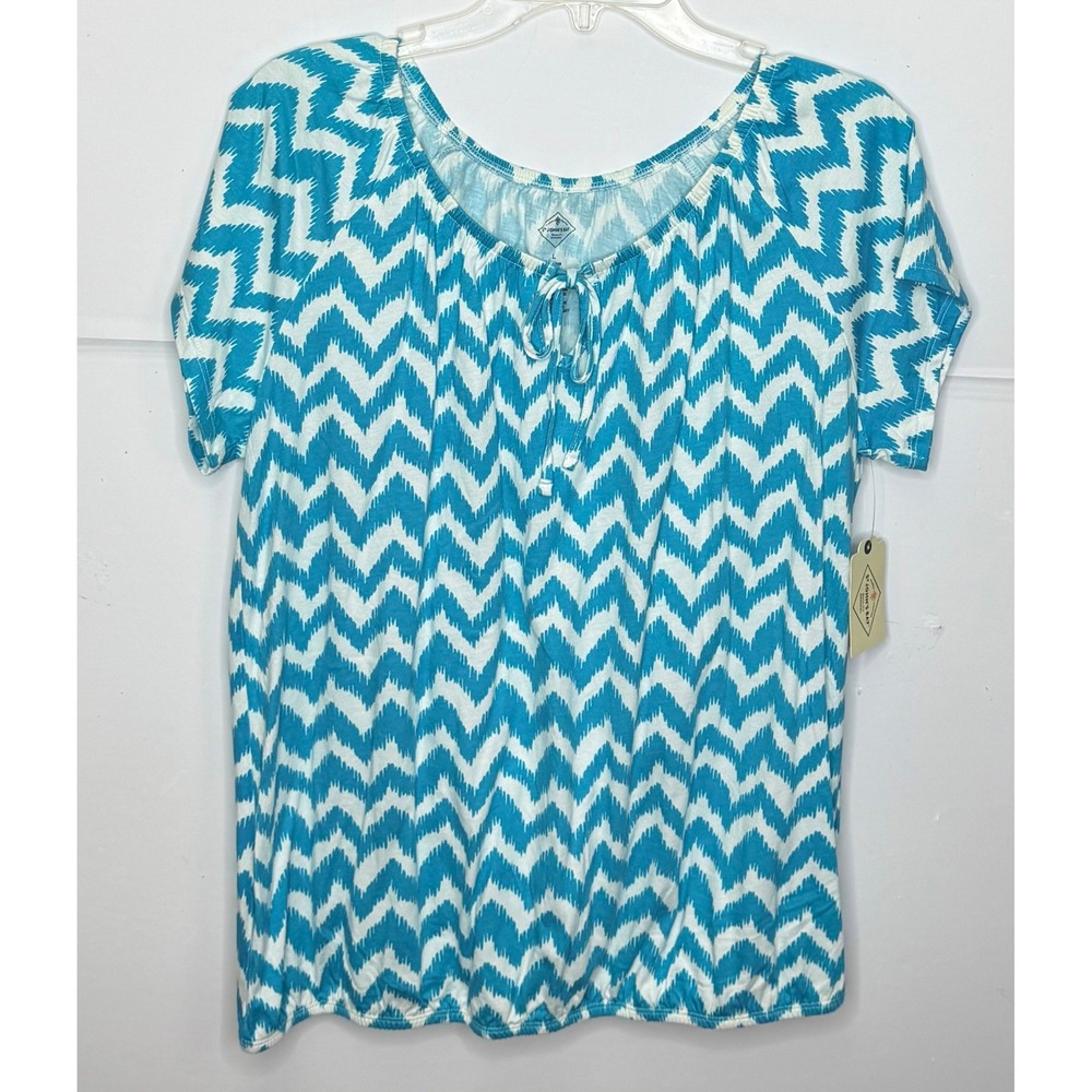 St John's Bay Blouse Sz L Blue Chevron Ikat Tie Bubble Hem Top Summer Beach Boho
